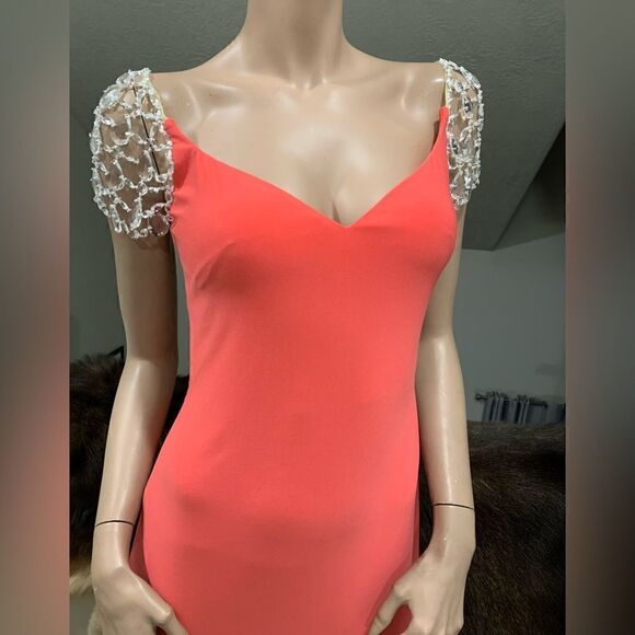 Elegant Crystal Detail Cap Sleeve Jersey Sheath Evening Dress & Sheer Back - Picture 9 of 13